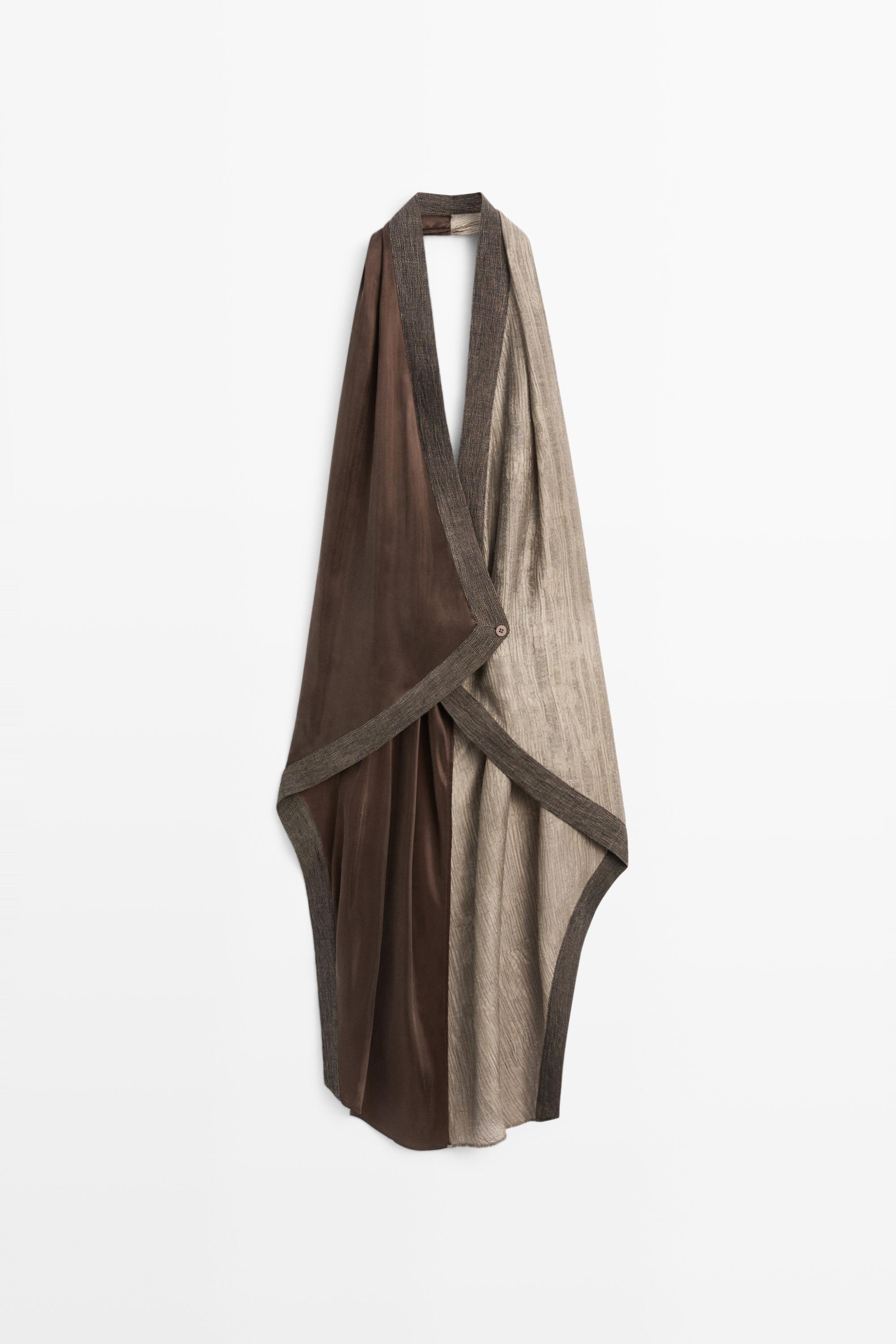 Flowing wrap top with mixed fabric detail